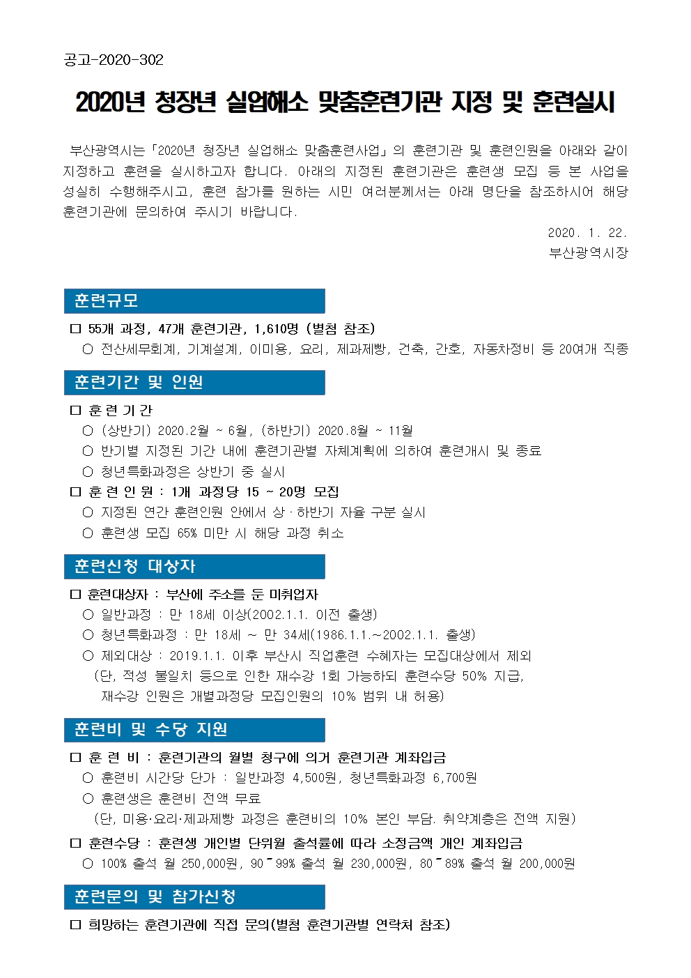 2020년 청장년 실업해소 맞춤훈련기관 지정